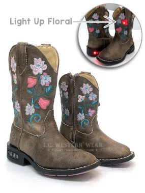 Roper 09-018-1203-2761 Kids Dazzle Light Up Floral Square Toe Western Boots Brown