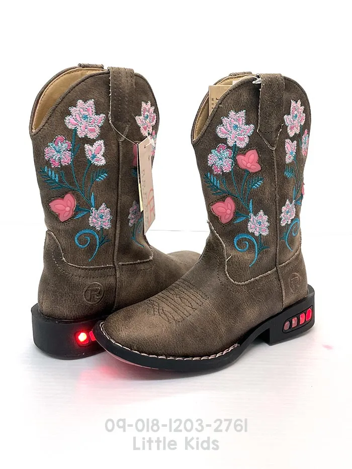 Roper 09-018-1203-2761 Kids Dazzle Light Up Floral Square Toe Western Boots Brown