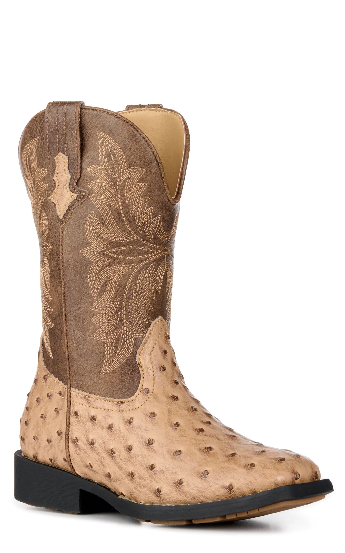 Roper Youth Jed Brown and Tan Ostrich Print Faux Leather Square Toe Boots