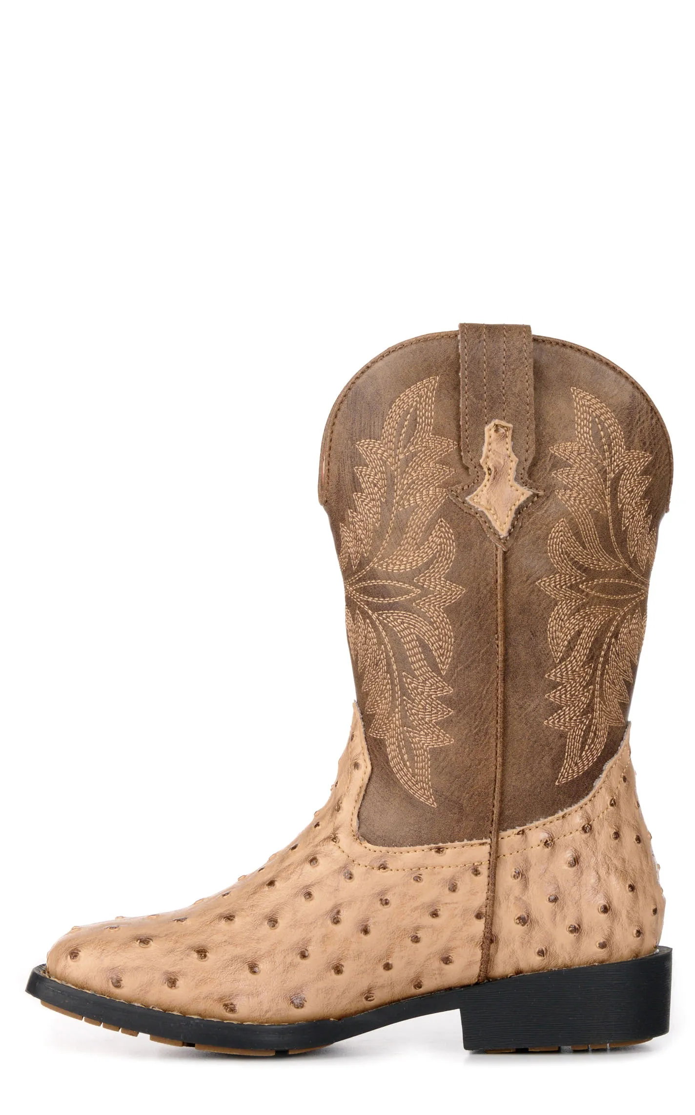 Roper Youth Jed Brown and Tan Ostrich Print Faux Leather Square Toe Boots