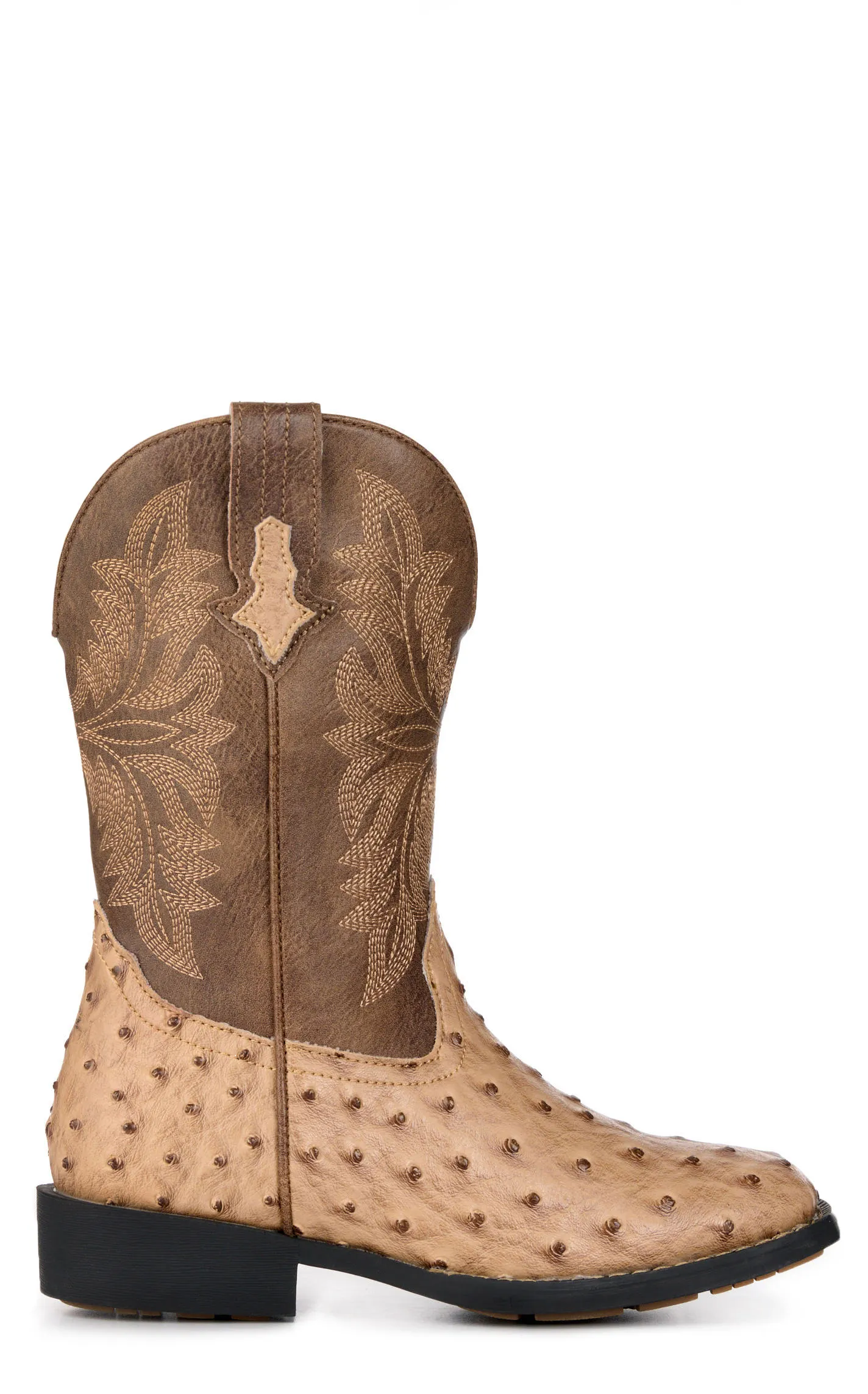 Roper Youth Jed Brown and Tan Ostrich Print Faux Leather Square Toe Boots