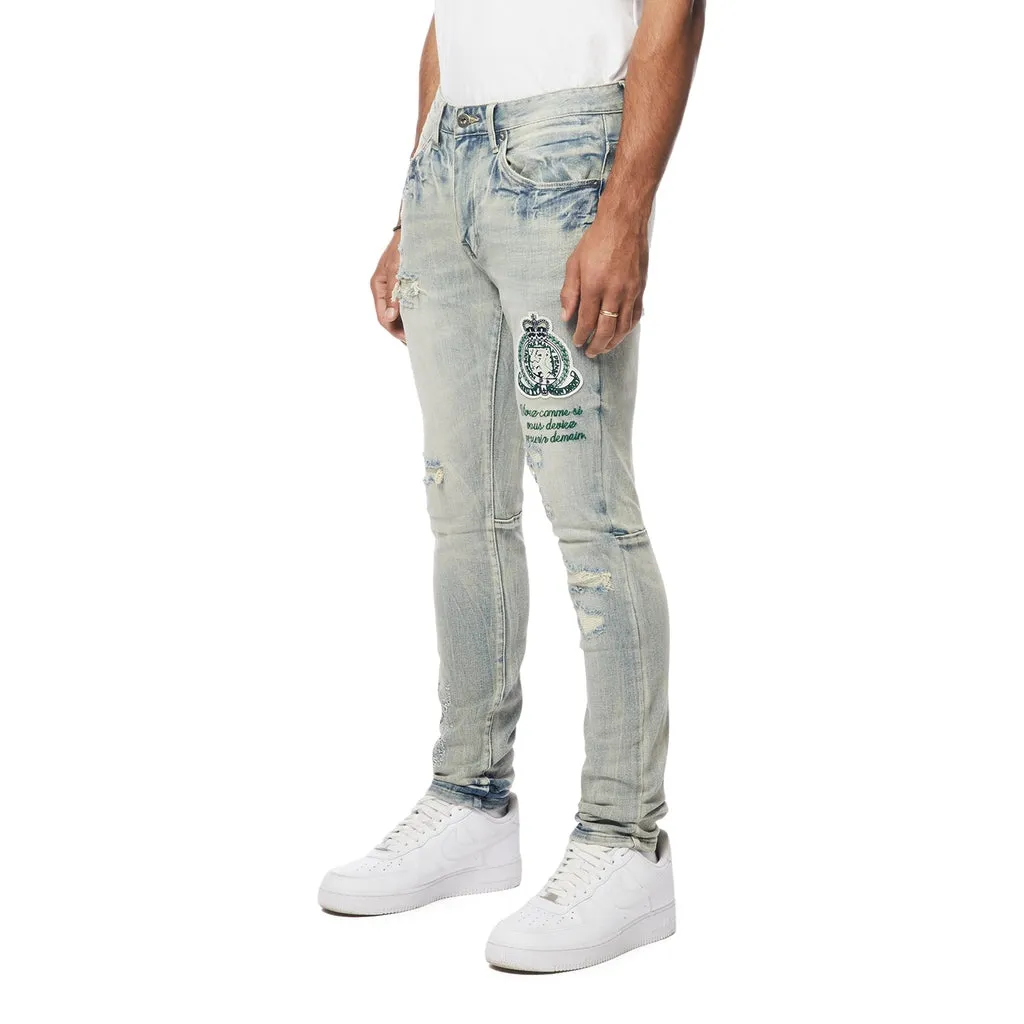 Slim Tapered Preppy Crest Embroidered Jeans - Cascade Blue