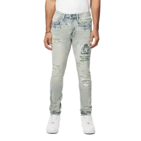 Slim Tapered Preppy Crest Embroidered Jeans - Cascade Blue