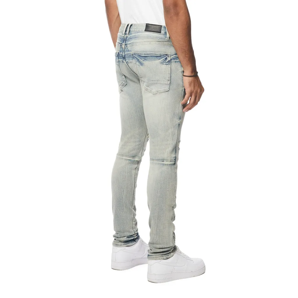 Slim Tapered Preppy Crest Embroidered Jeans - Cascade Blue