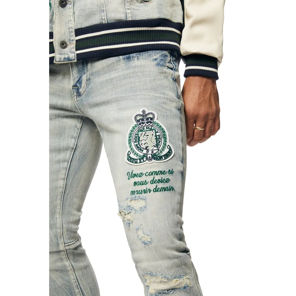 Slim Tapered Preppy Crest Embroidered Jeans - Cascade Blue