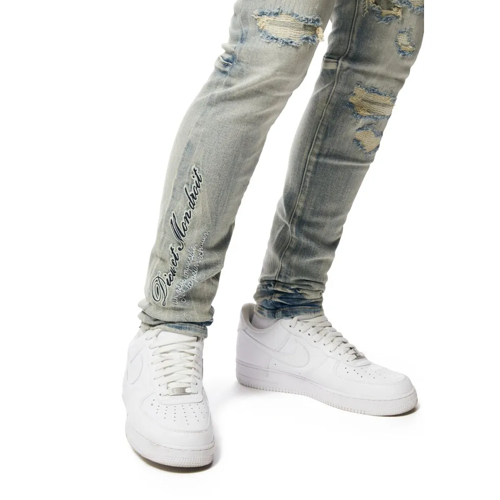 Slim Tapered Preppy Crest Embroidered Jeans - Cascade Blue