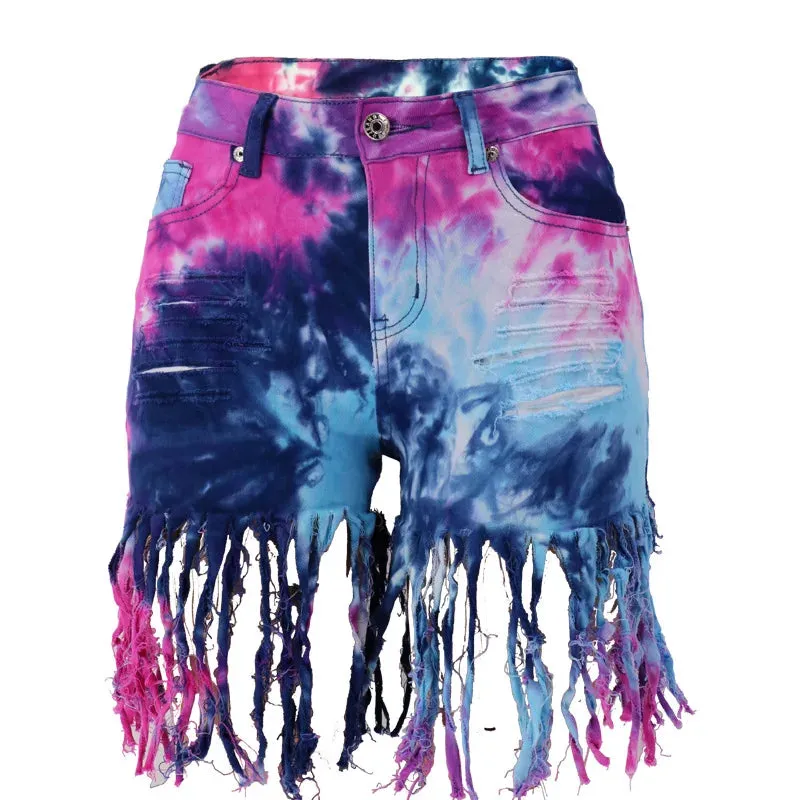 Summer Tie Dye Long Tassel Patchwork Pattern Denim Shorts for Women