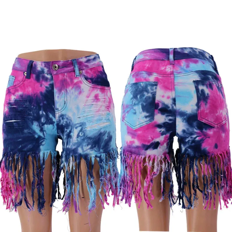 Summer Tie Dye Long Tassel Patchwork Pattern Denim Shorts for Women