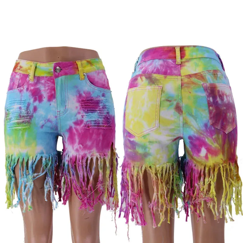 Summer Tie Dye Long Tassel Patchwork Pattern Denim Shorts for Women