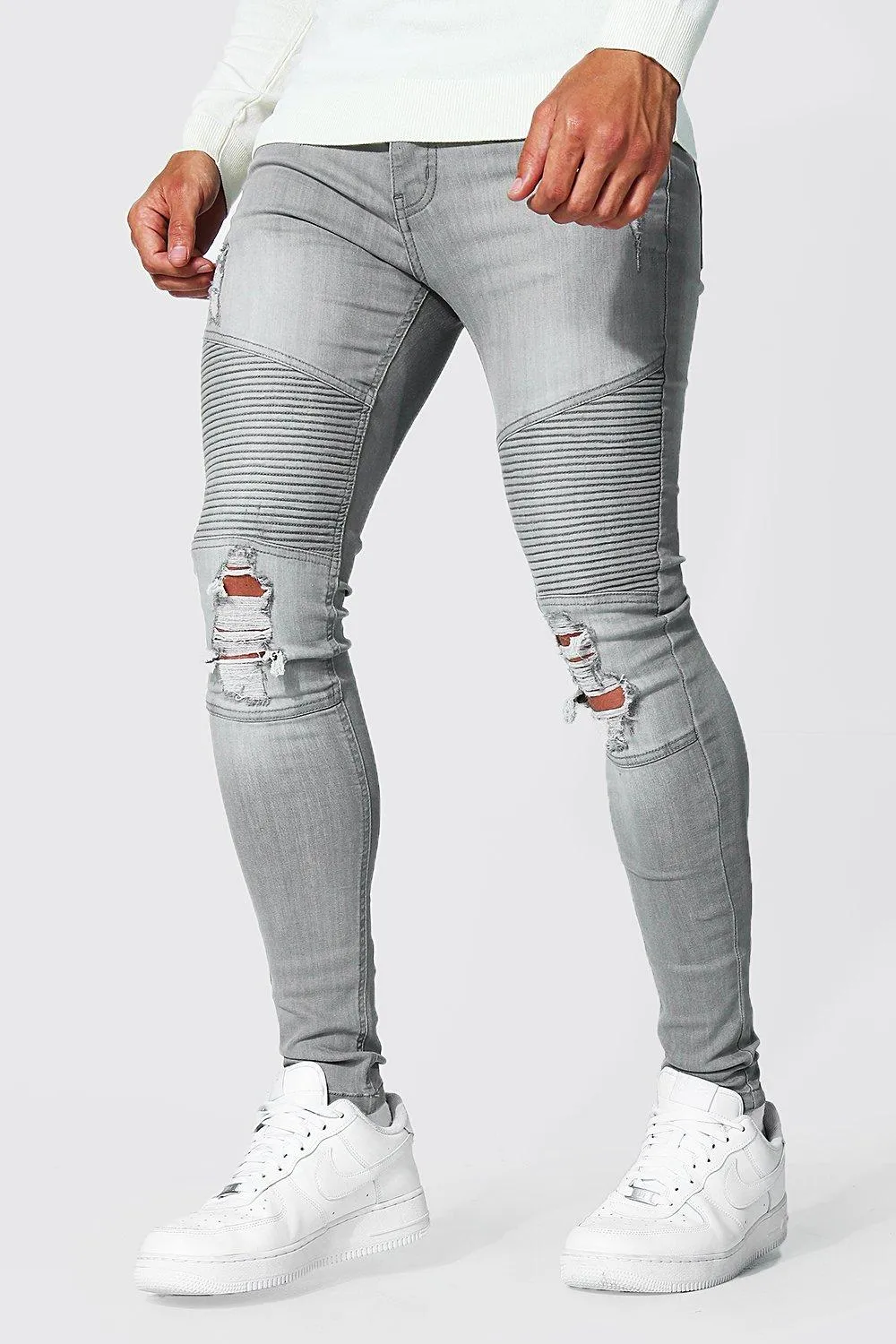 Super Skinny Zip Biker Jeans With Abrasions