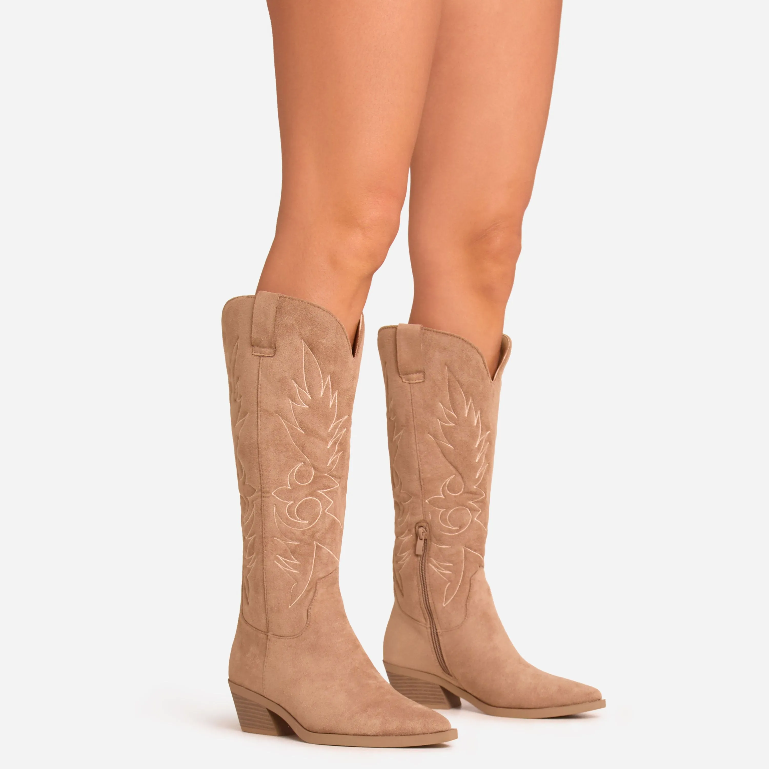 Tara Embroidered Detail Pointed Toe Knee High Long Western Cowboy Boot In Taupe Faux Suede