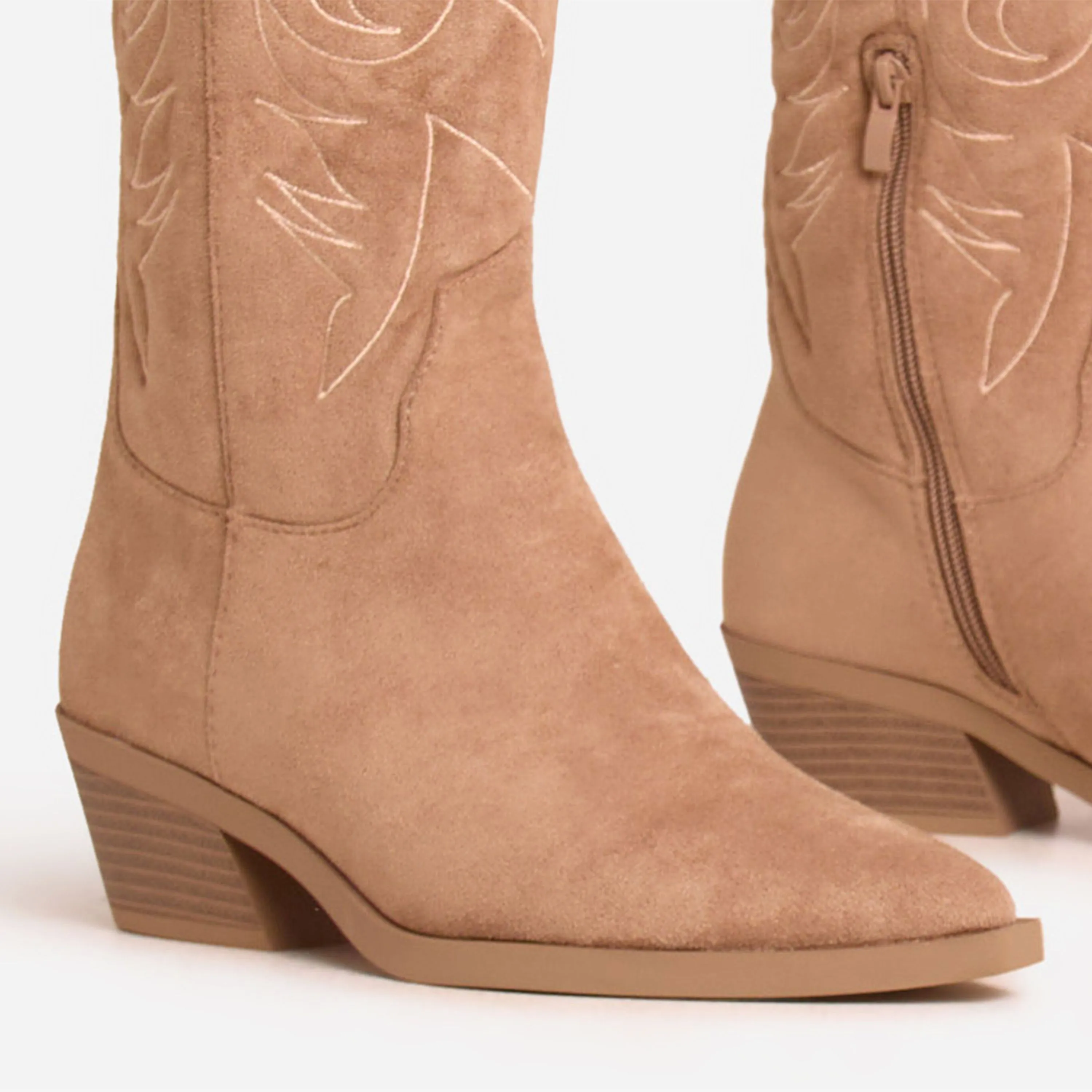 Tara Embroidered Detail Pointed Toe Knee High Long Western Cowboy Boot In Taupe Faux Suede