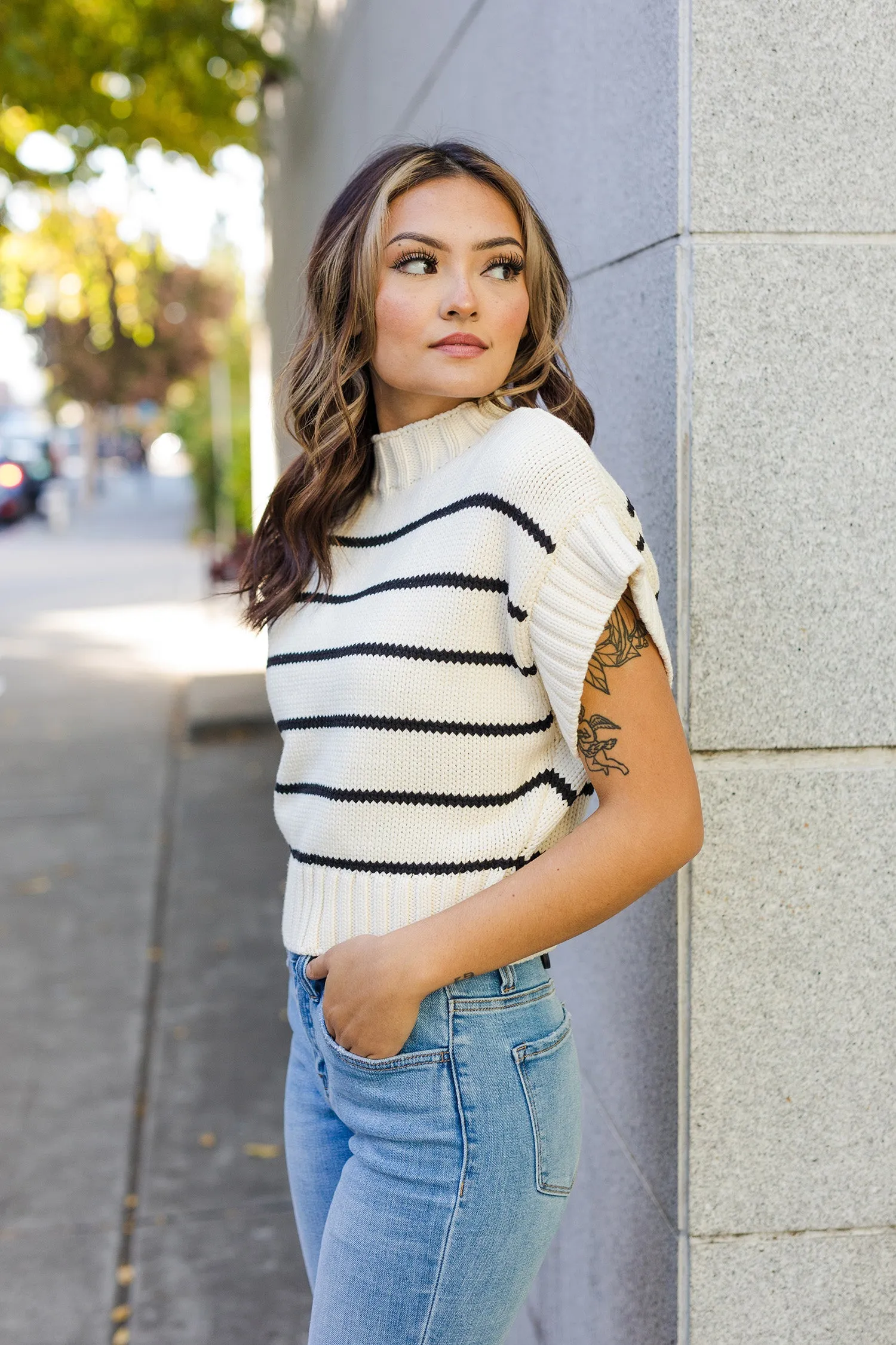 The Happiest Girl Striped Beige with Black Striped Sweater Top