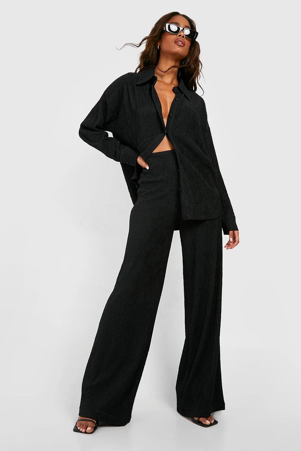 Trousers | Crinkle Relaxed Fit Wide Leg Trousers | boohoo