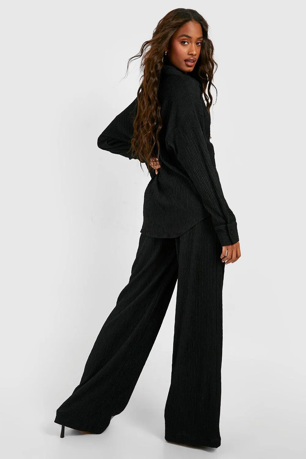 Trousers | Crinkle Relaxed Fit Wide Leg Trousers | boohoo