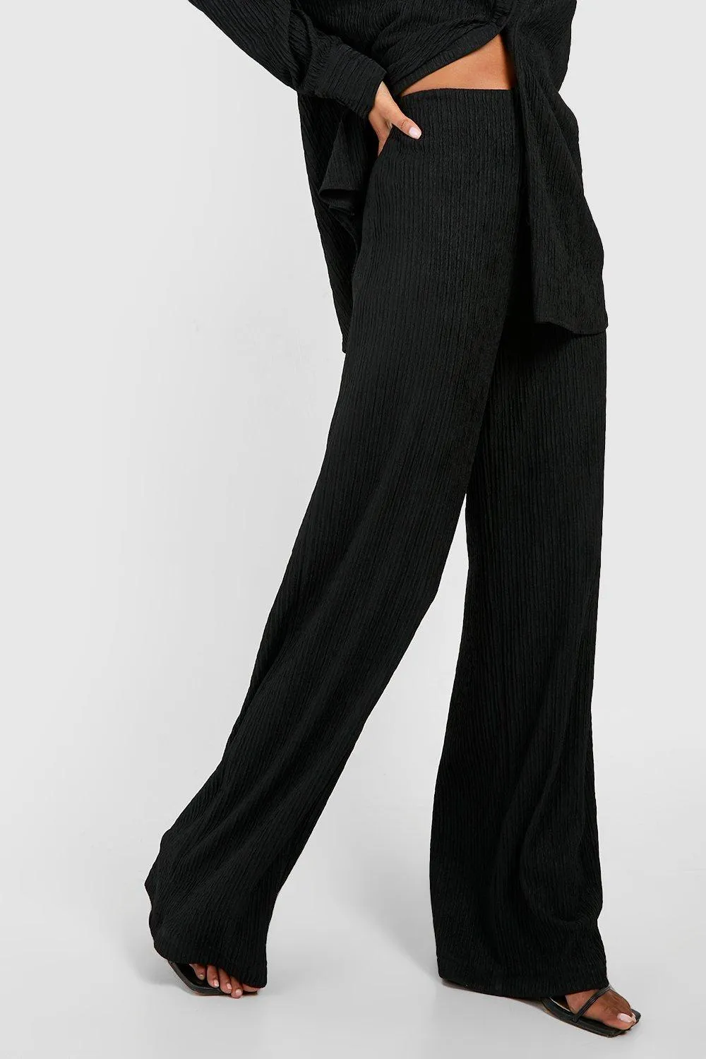 Trousers | Crinkle Relaxed Fit Wide Leg Trousers | boohoo