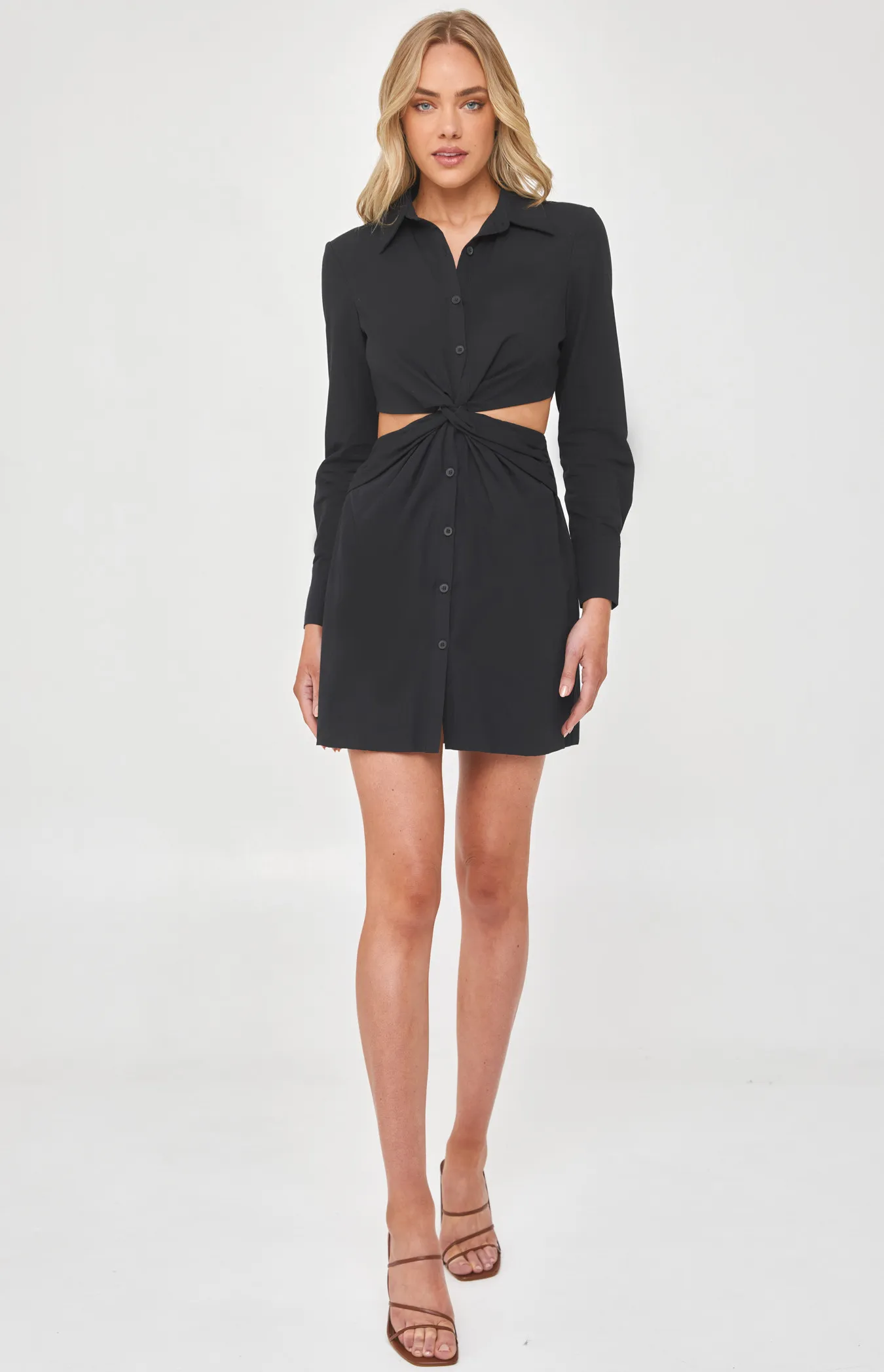 Twist Front Waist Cut Out Shirt Dress (WDR486A)