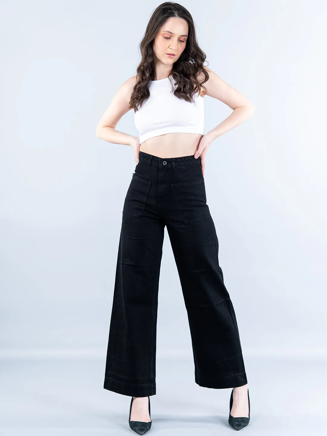 Two Pocket Black Flared Jeans For Women