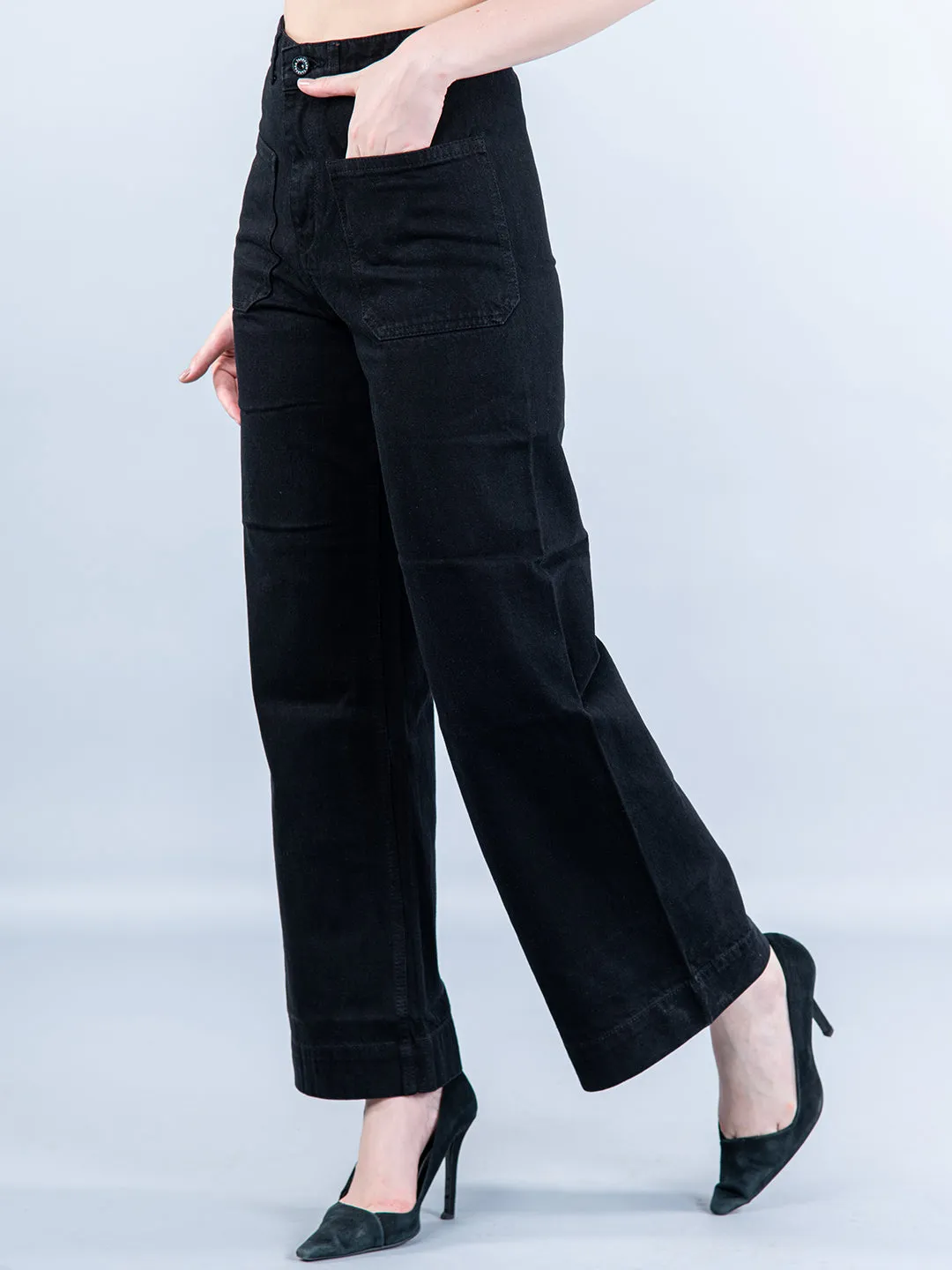 Two Pocket Black Flared Jeans For Women