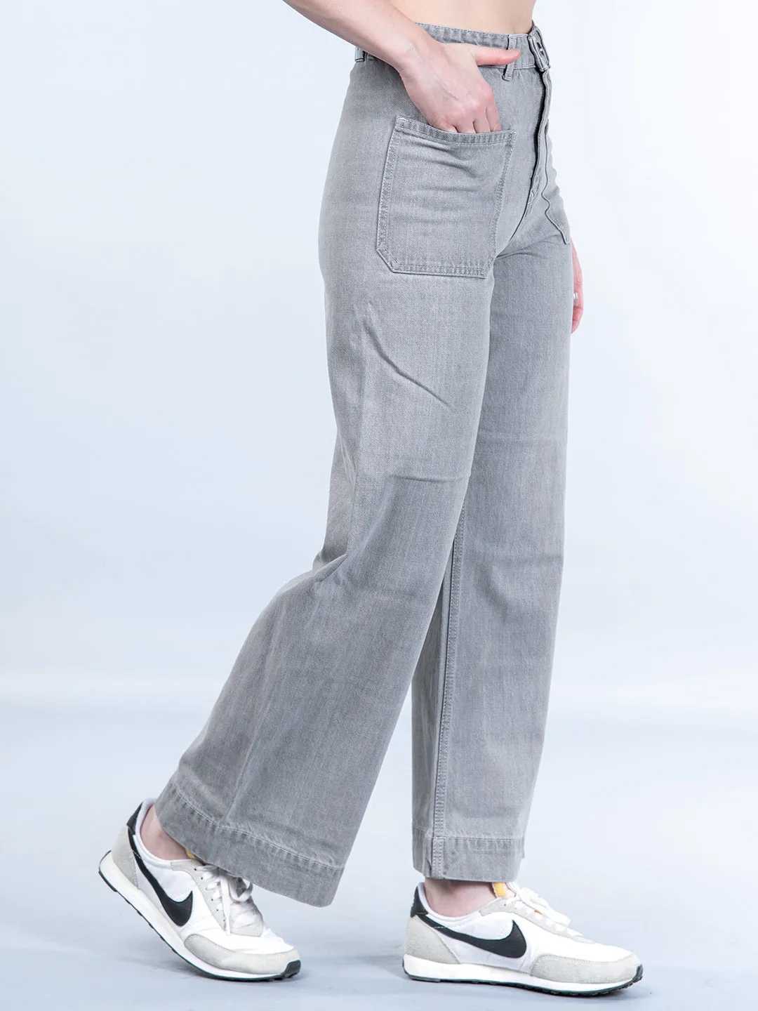 Two Pocket Grey Flared Jeans For Women