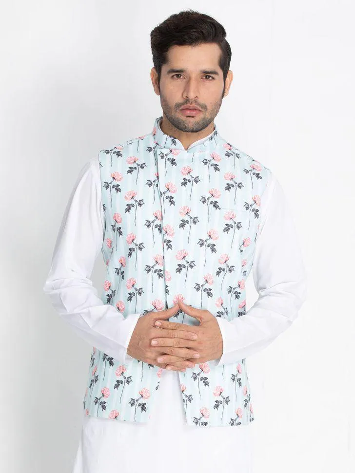 VASTRAMAY Men's Light Blue Cotton Blend Floral Ethnic Jacket