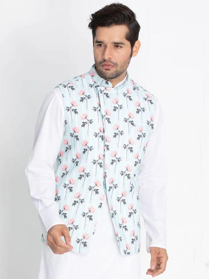 VASTRAMAY Men's Light Blue Cotton Blend Floral Ethnic Jacket