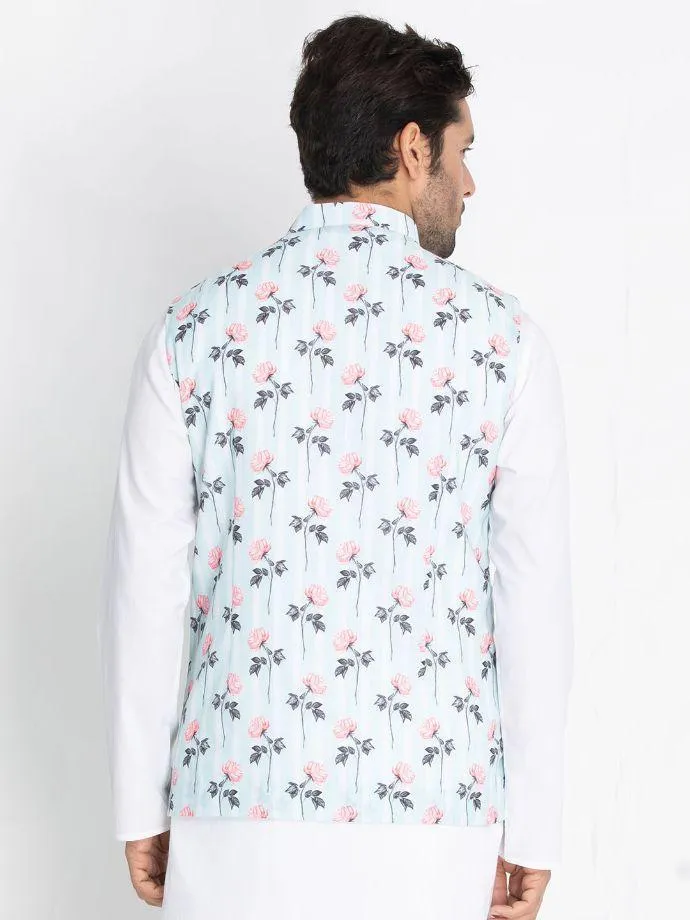 VASTRAMAY Men's Light Blue Cotton Blend Floral Ethnic Jacket