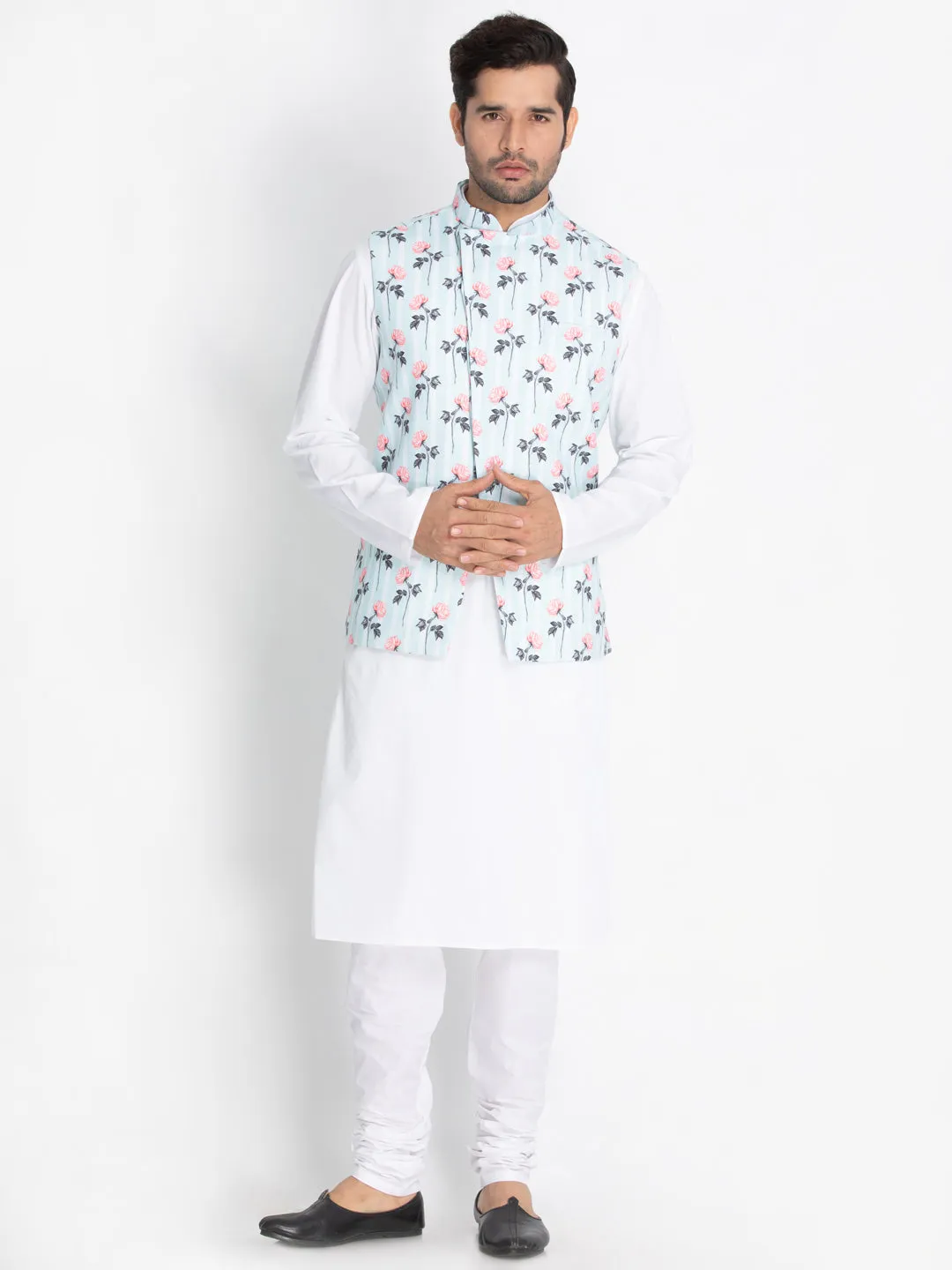 VASTRAMAY Men's Light Blue Cotton Blend Floral Ethnic Jacket