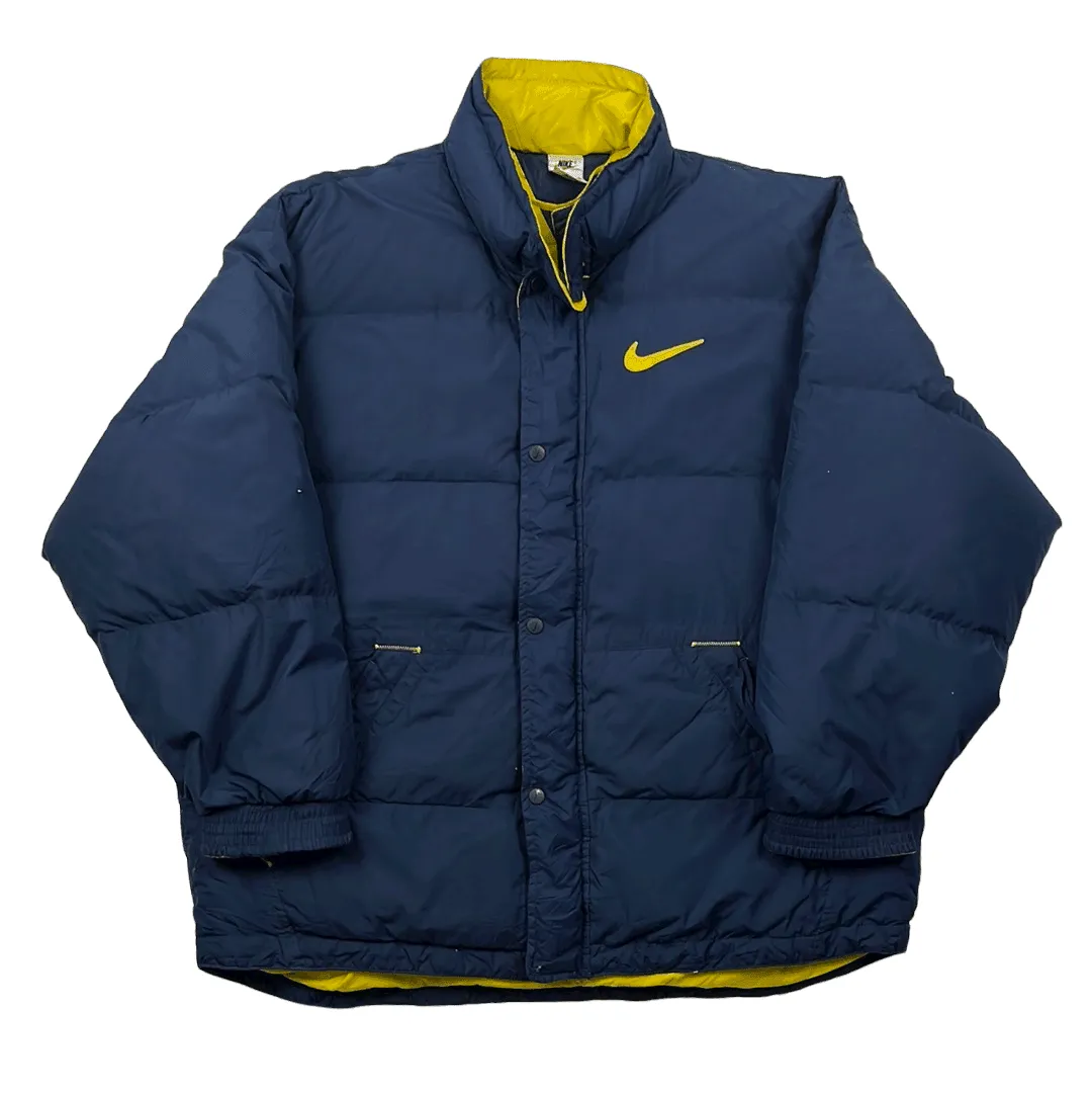 Vintage 90s Blue + Yellow Nike Large Logo Puffer Coat/ Jacket - Extra Large