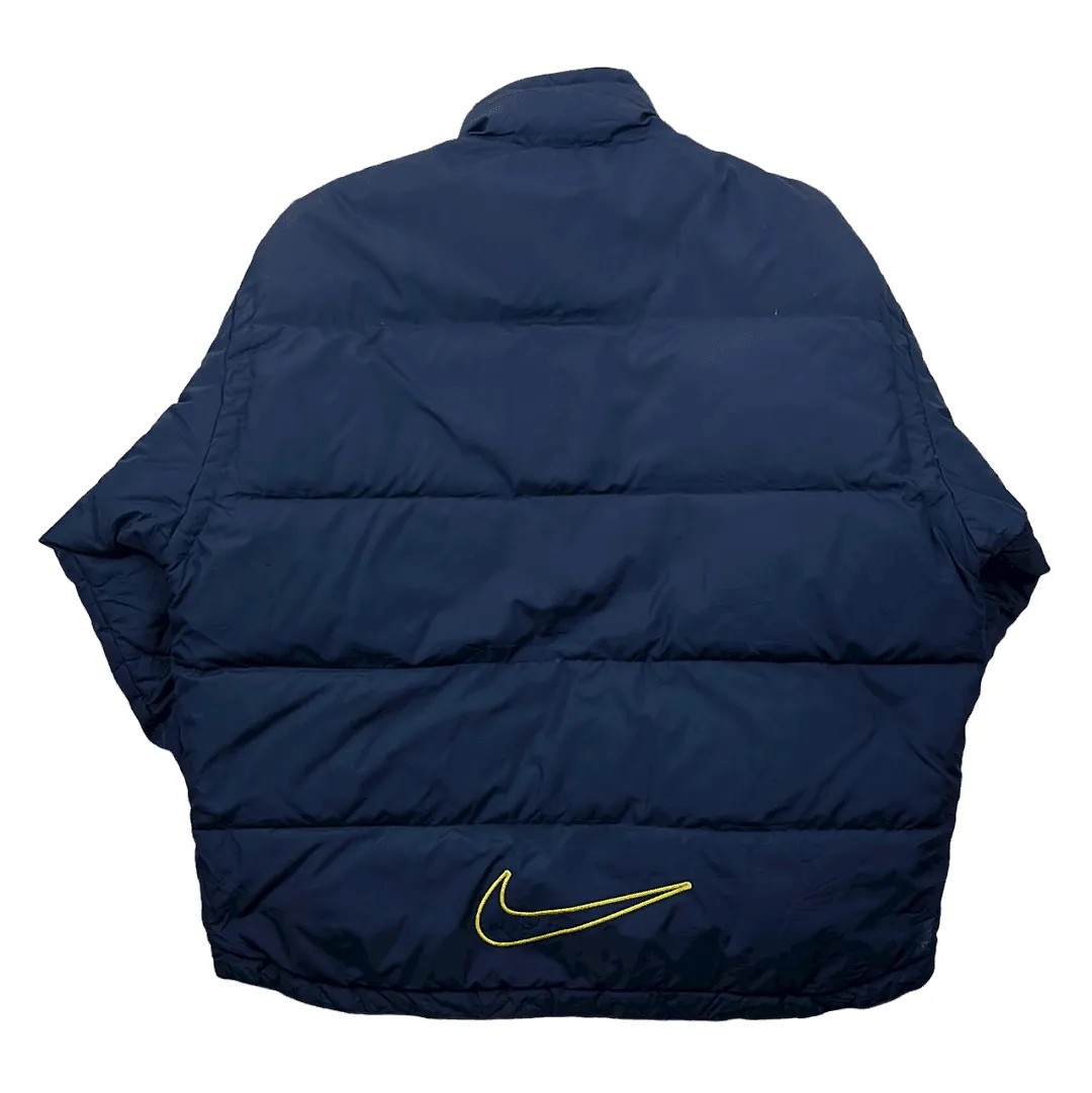 Vintage 90s Blue + Yellow Nike Large Logo Puffer Coat/ Jacket - Extra Large