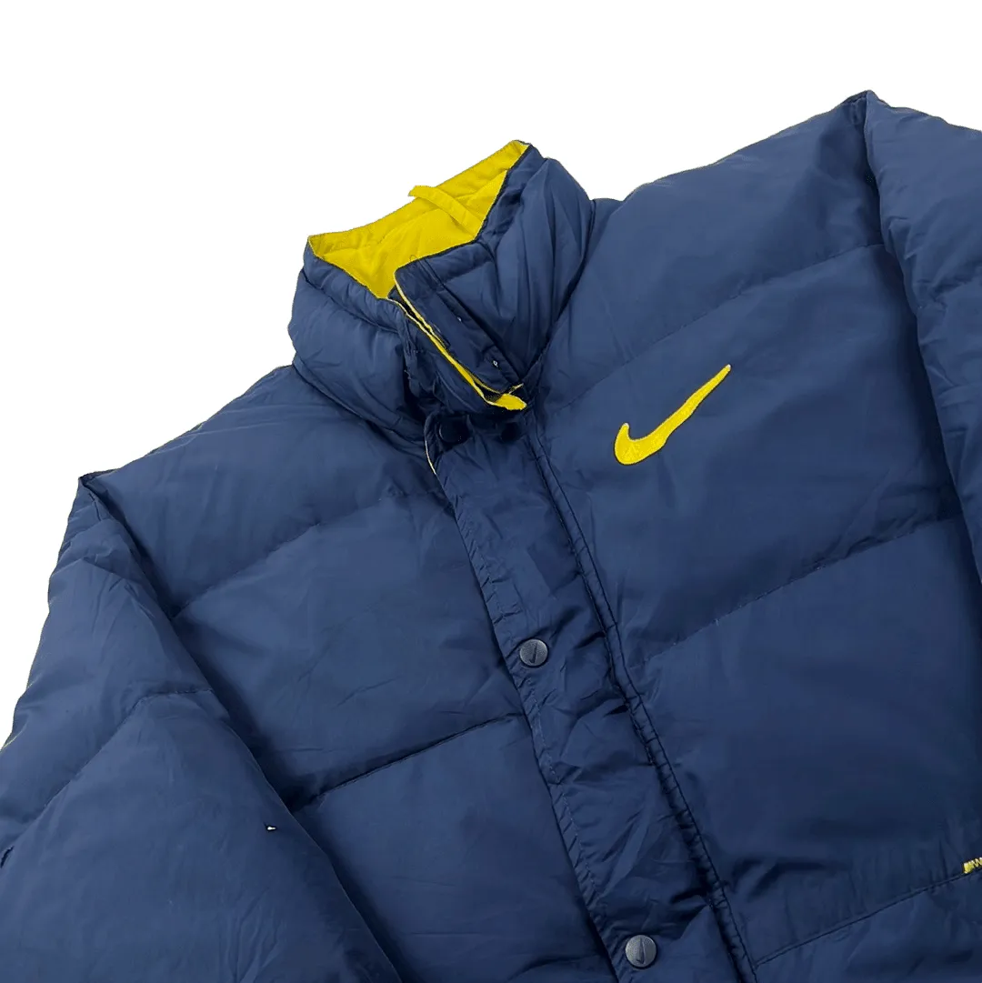 Vintage 90s Blue + Yellow Nike Large Logo Puffer Coat/ Jacket - Extra Large