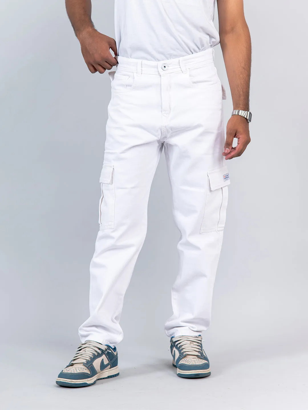 White Baggy-Fit Cargo Denim Jeans