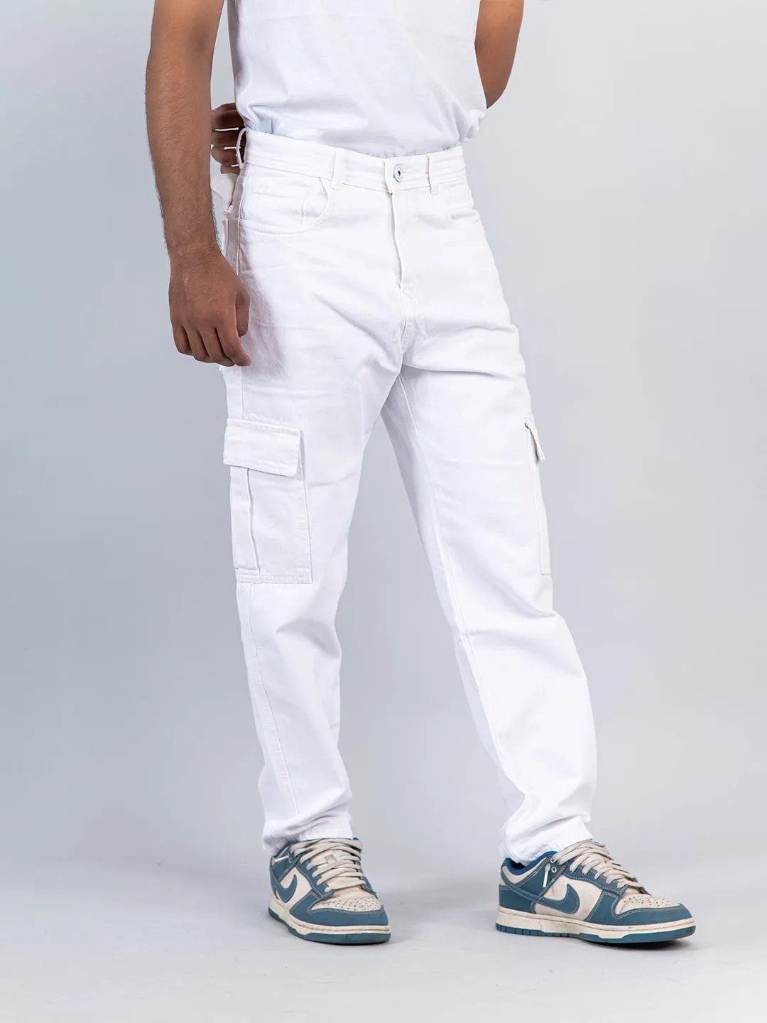 White Baggy-Fit Cargo Denim Jeans