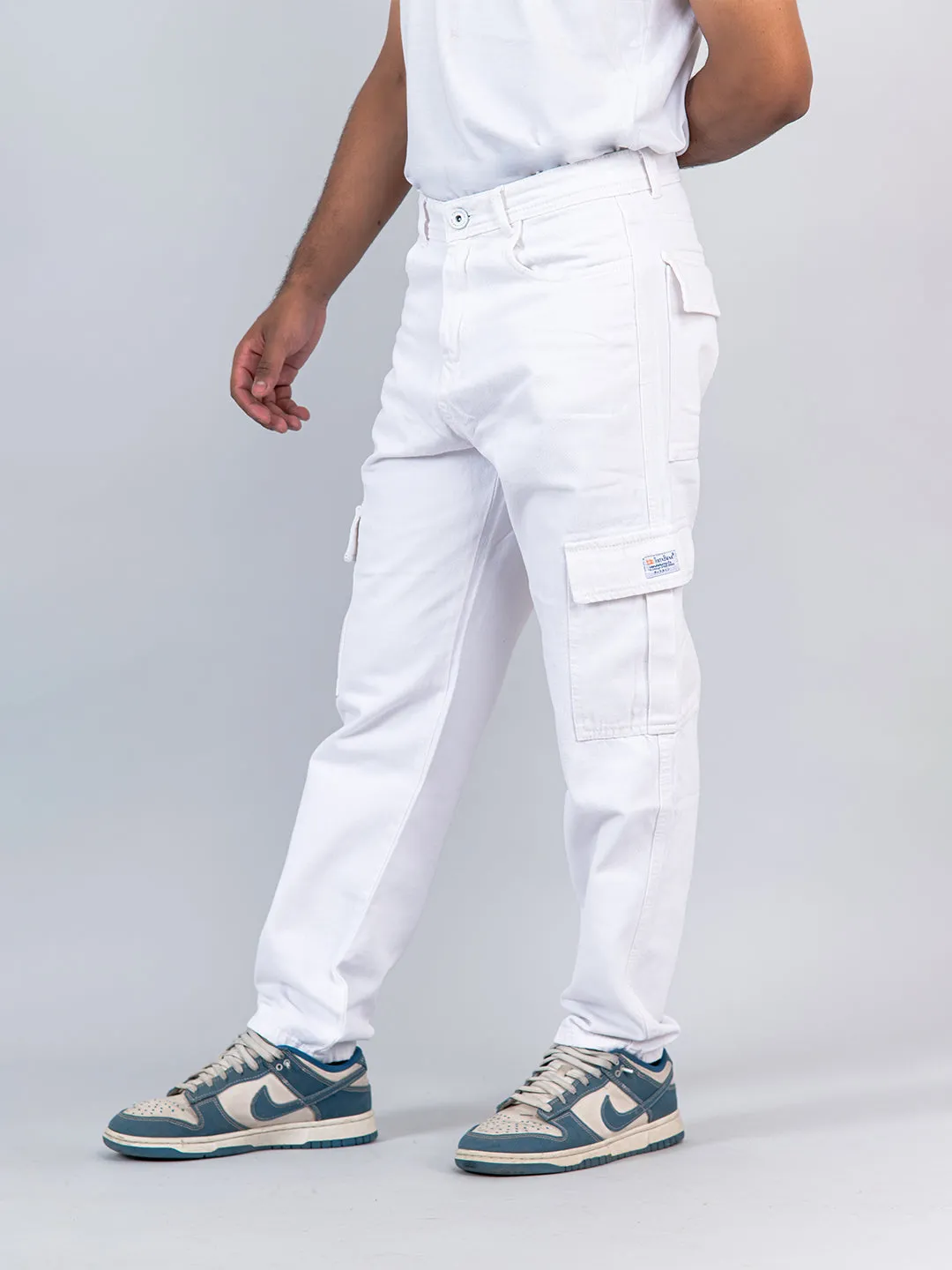 White Baggy-Fit Cargo Denim Jeans