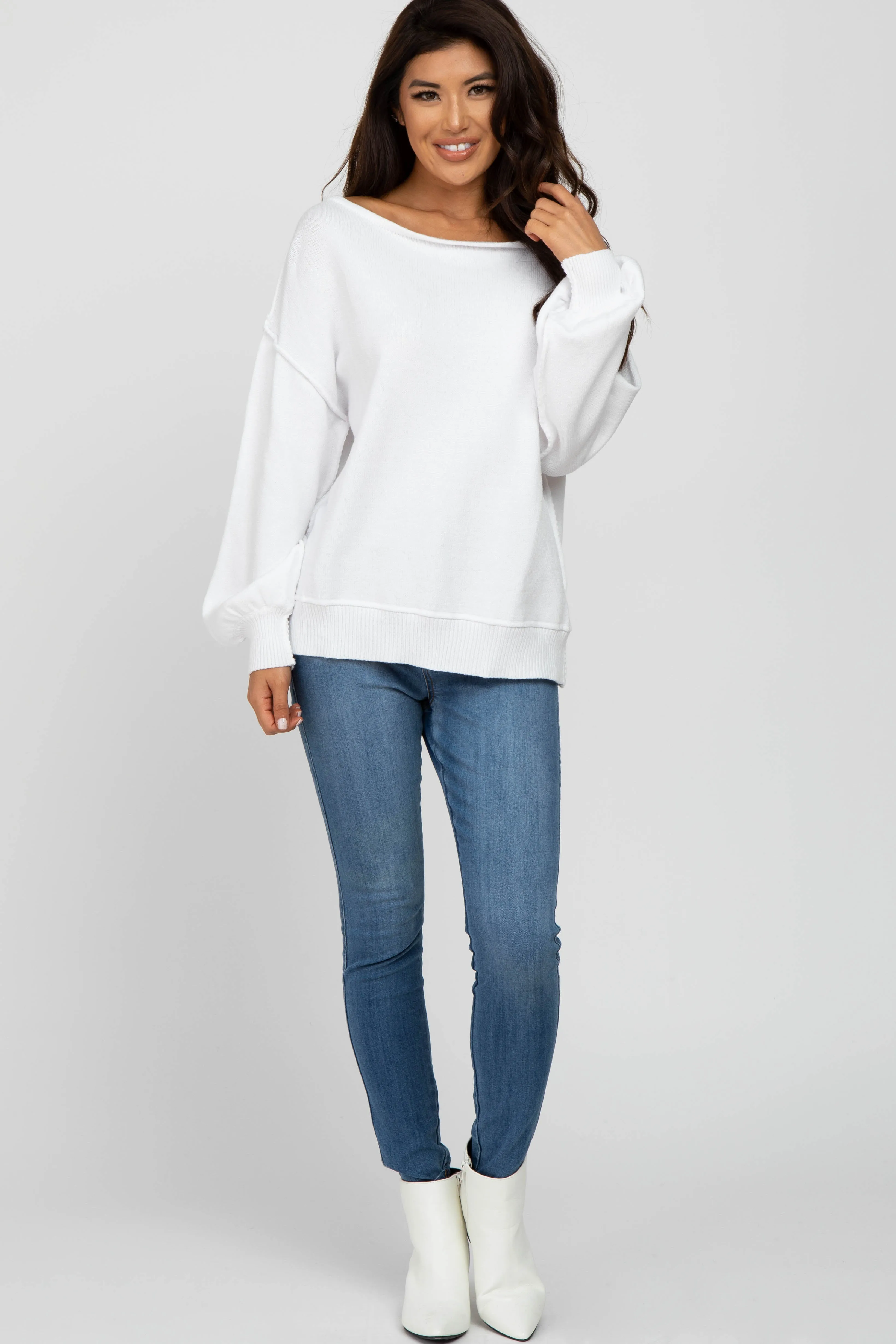 White Boat Neck Bubble Sleeve Sweater