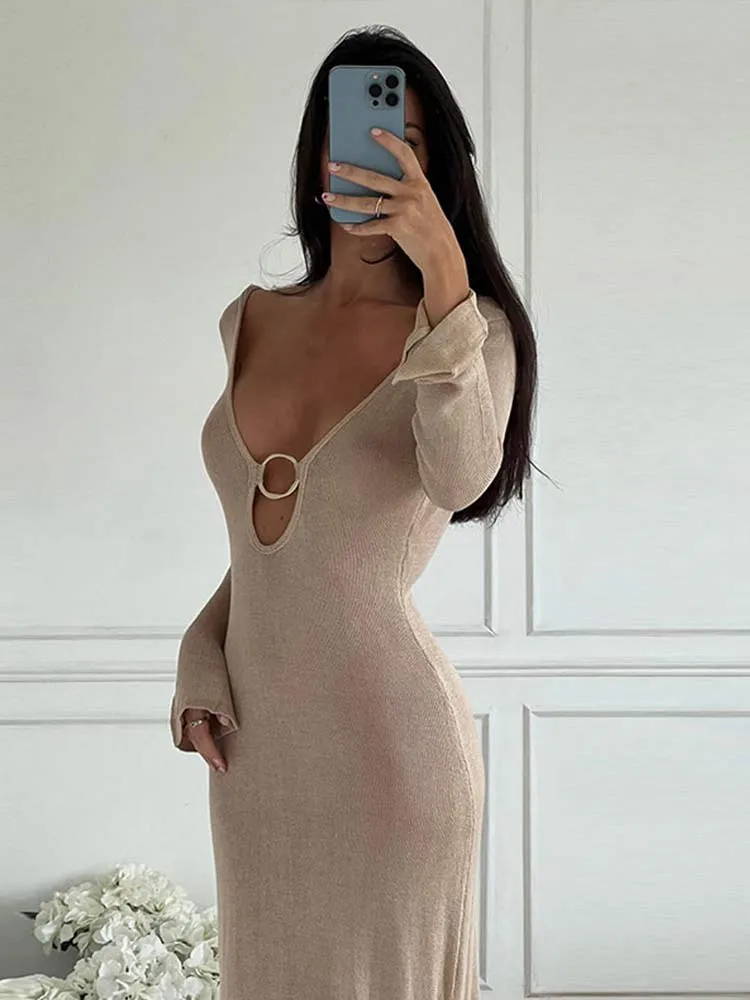 Women  Knitted Maxi Dress 2023 Female Flare Long Sleeve Cut Out Slim Beach Dress