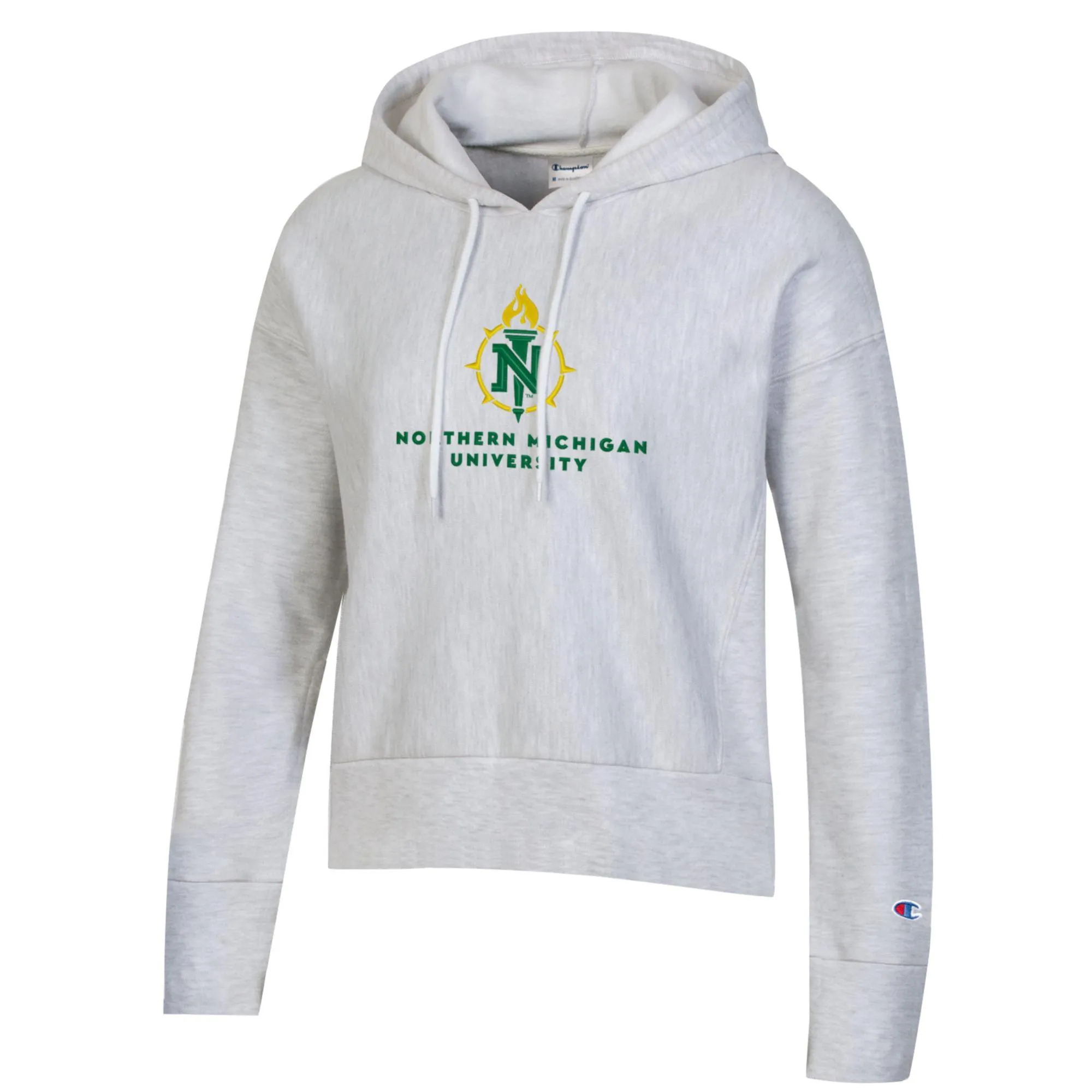 Womens CHAMPION H-GRAY Northern Michigan Wildcats EMB REVERSE WEAVE CROP HOOD