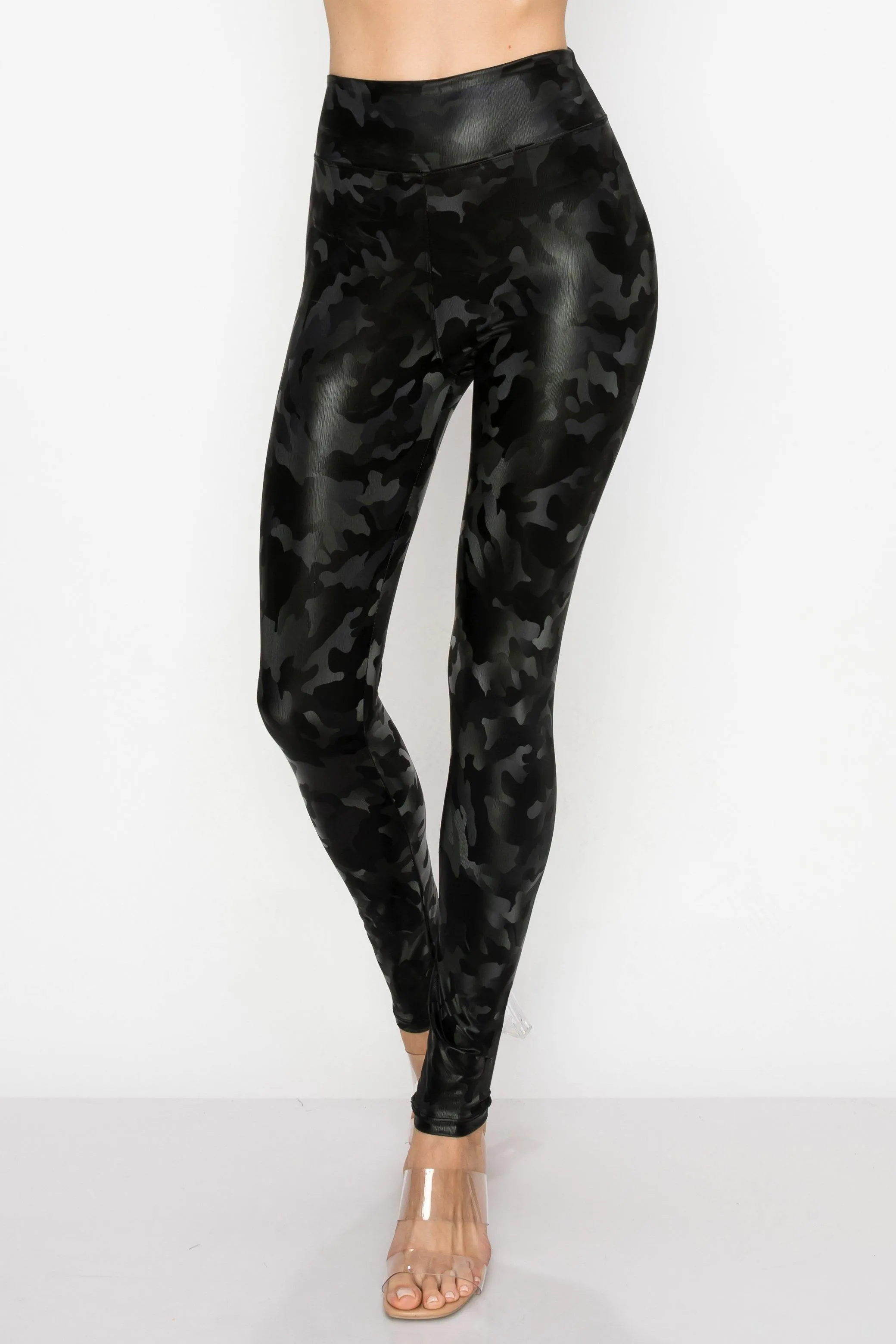 Women's Faux Leather Fashion Leggings  - High Waisted Stretch Sexy Pants Print