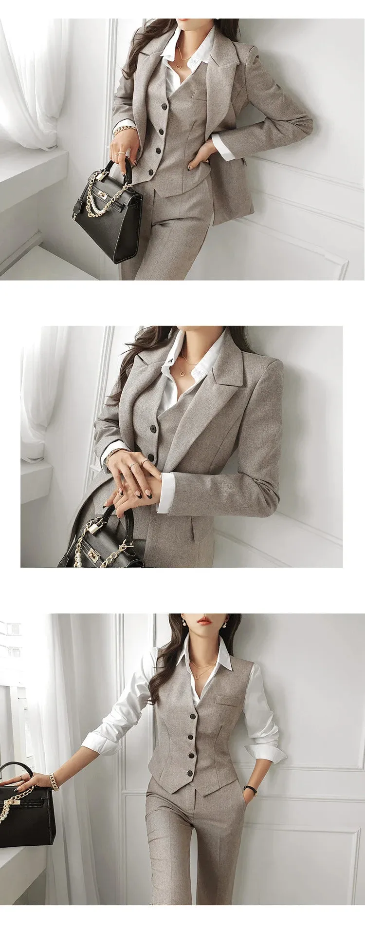 Women's Office Formal Notched Collar Vest Blazer Pencil Pants 3pcs Set