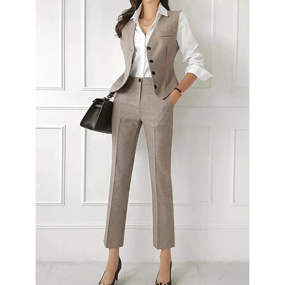 Women's Office Formal Notched Collar Vest Blazer Pencil Pants 3pcs Set