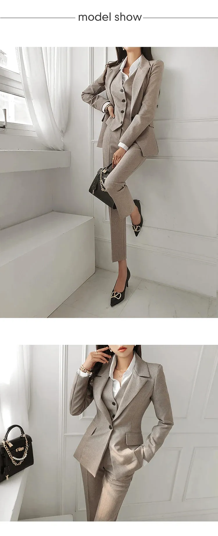 Women's Office Formal Notched Collar Vest Blazer Pencil Pants 3pcs Set