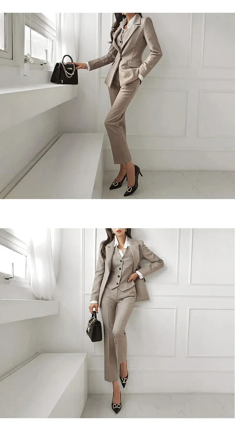 Women's Office Formal Notched Collar Vest Blazer Pencil Pants 3pcs Set