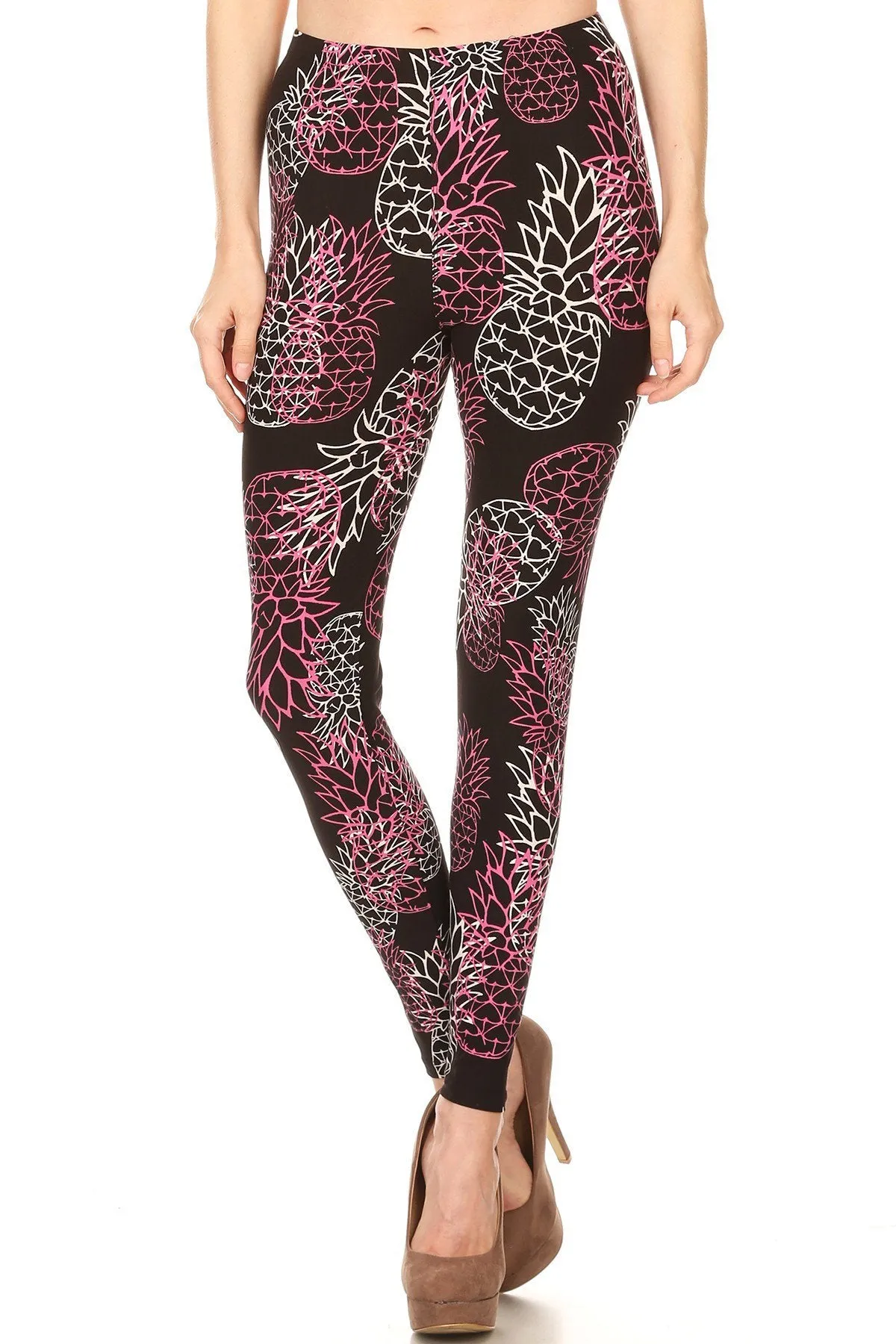 Women's Plus Wireframe Pineapple Floral Pattern Printed Leggings - Pink Black