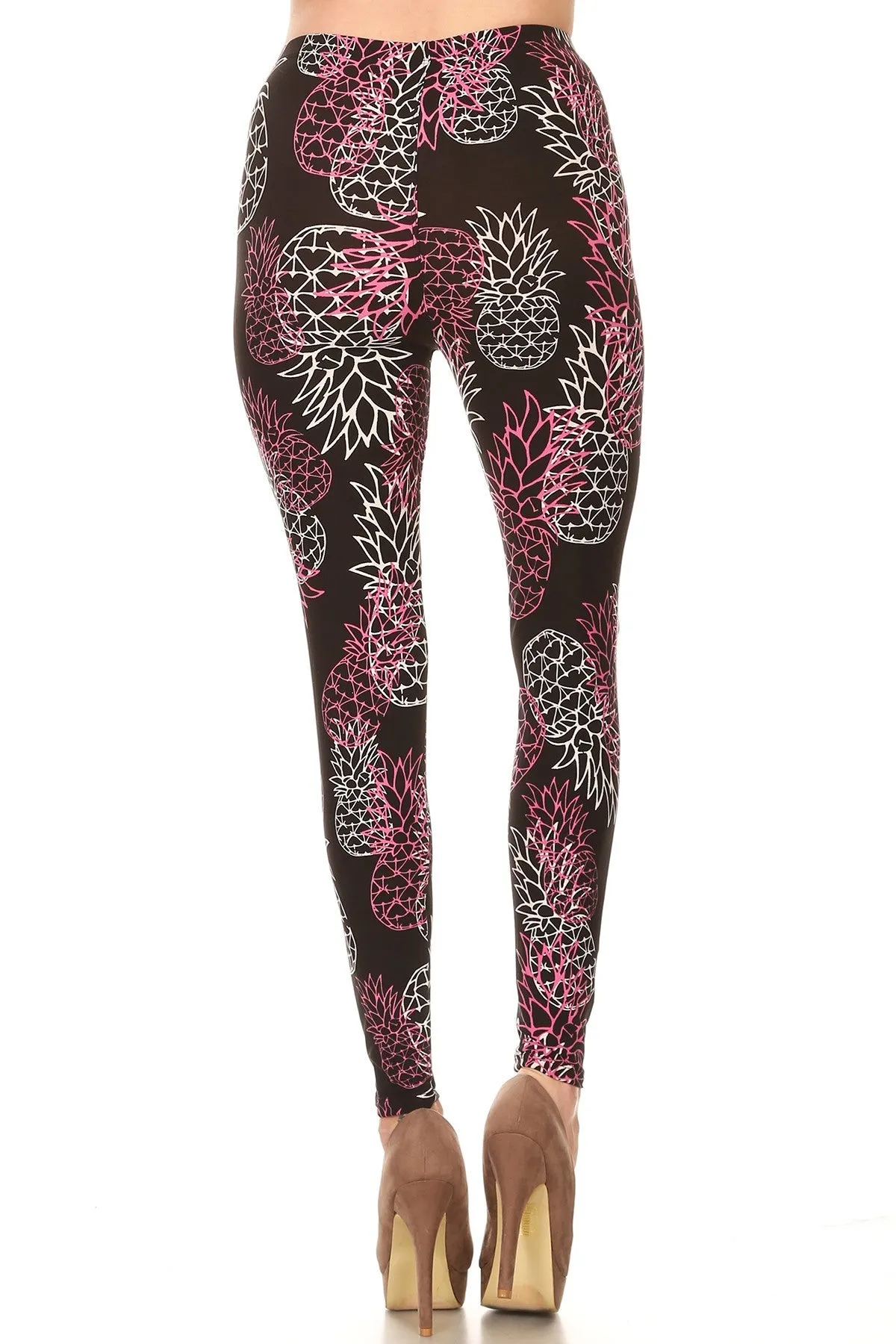 Women's Plus Wireframe Pineapple Floral Pattern Printed Leggings - Pink Black