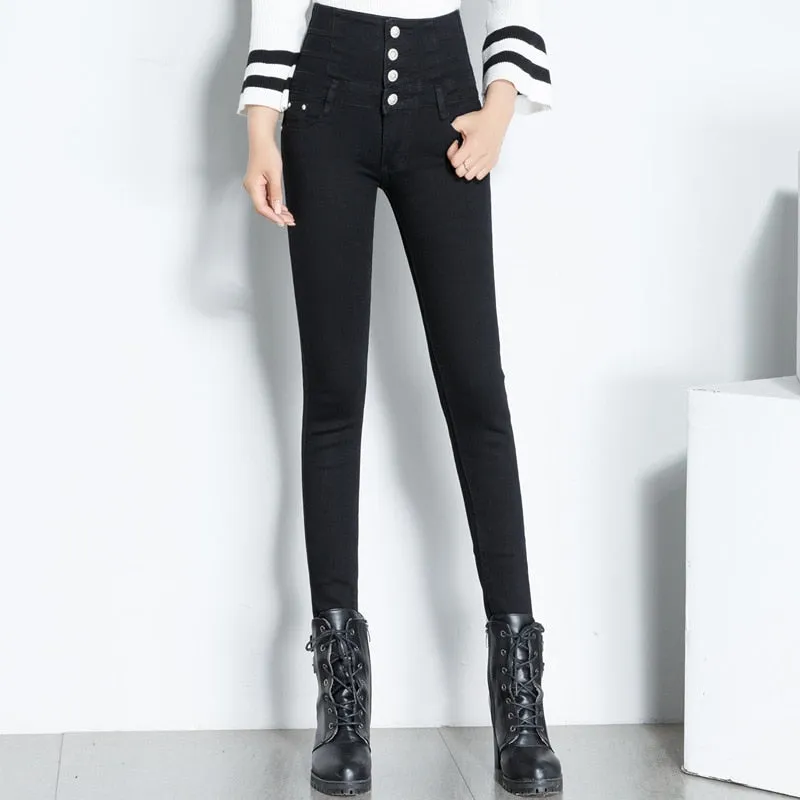 Women's Polyester Skinny High Waist Long Pencil Fit Denim Trousers