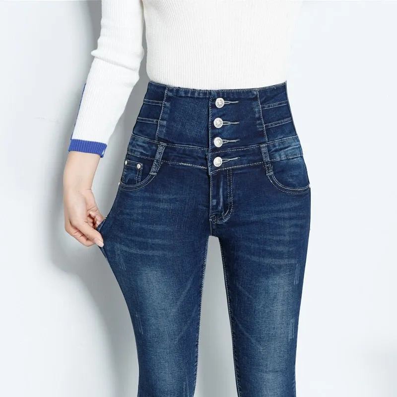 Women's Polyester Skinny High Waist Long Pencil Fit Denim Trousers