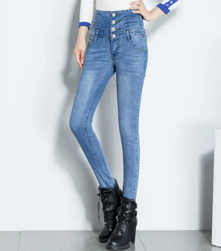 Women's Polyester Skinny High Waist Long Pencil Fit Denim Trousers