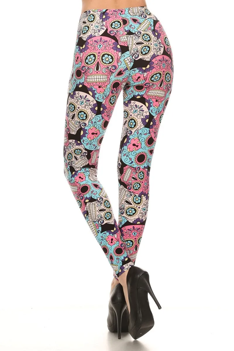 Women's Regular Abstract Sugar Skulls Pattern Print Leggings - Pink Blue