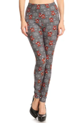 Women's Regular Fox Fair Isle & Snowflakes Pattern Printed Leggings - Christmas Gift