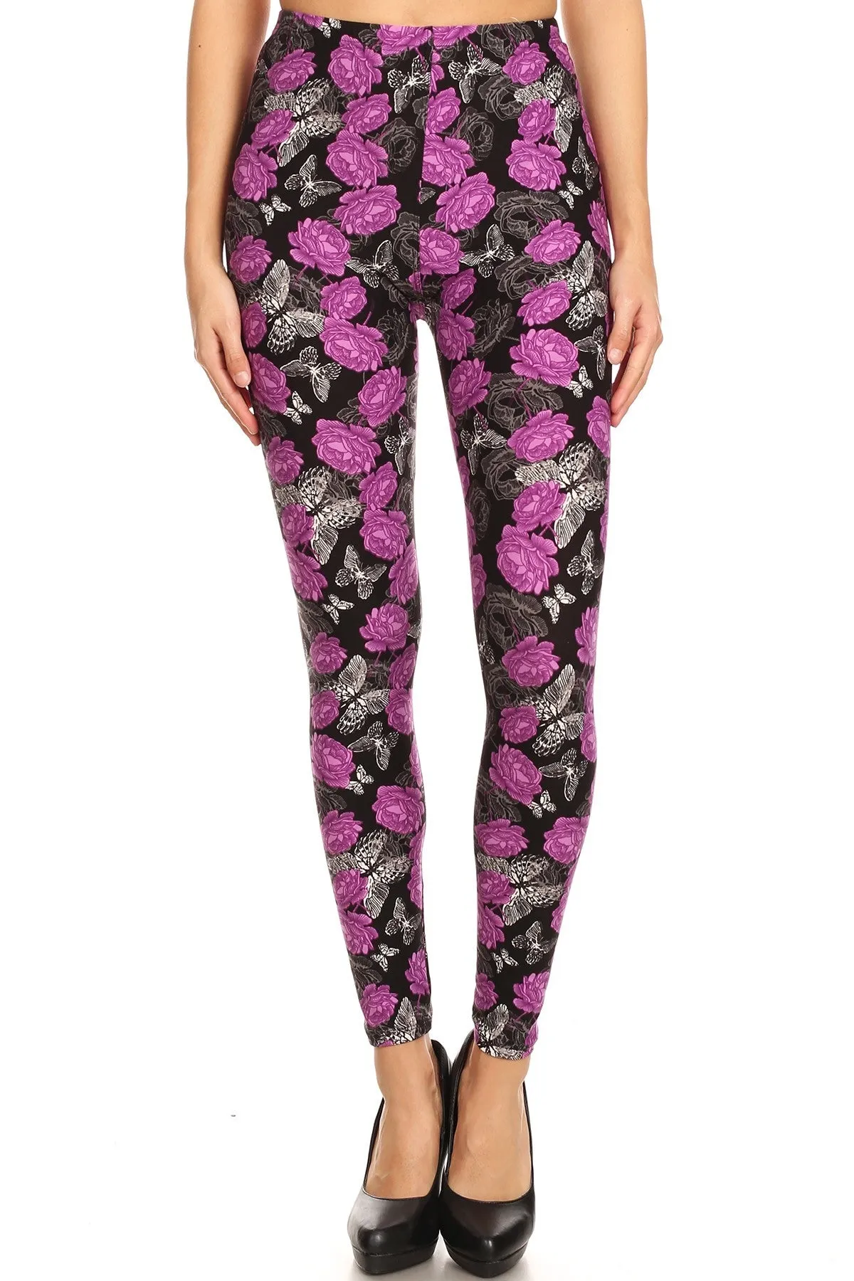 Women's Regular Purple Rose Butterfly Pattern Printed Leggings